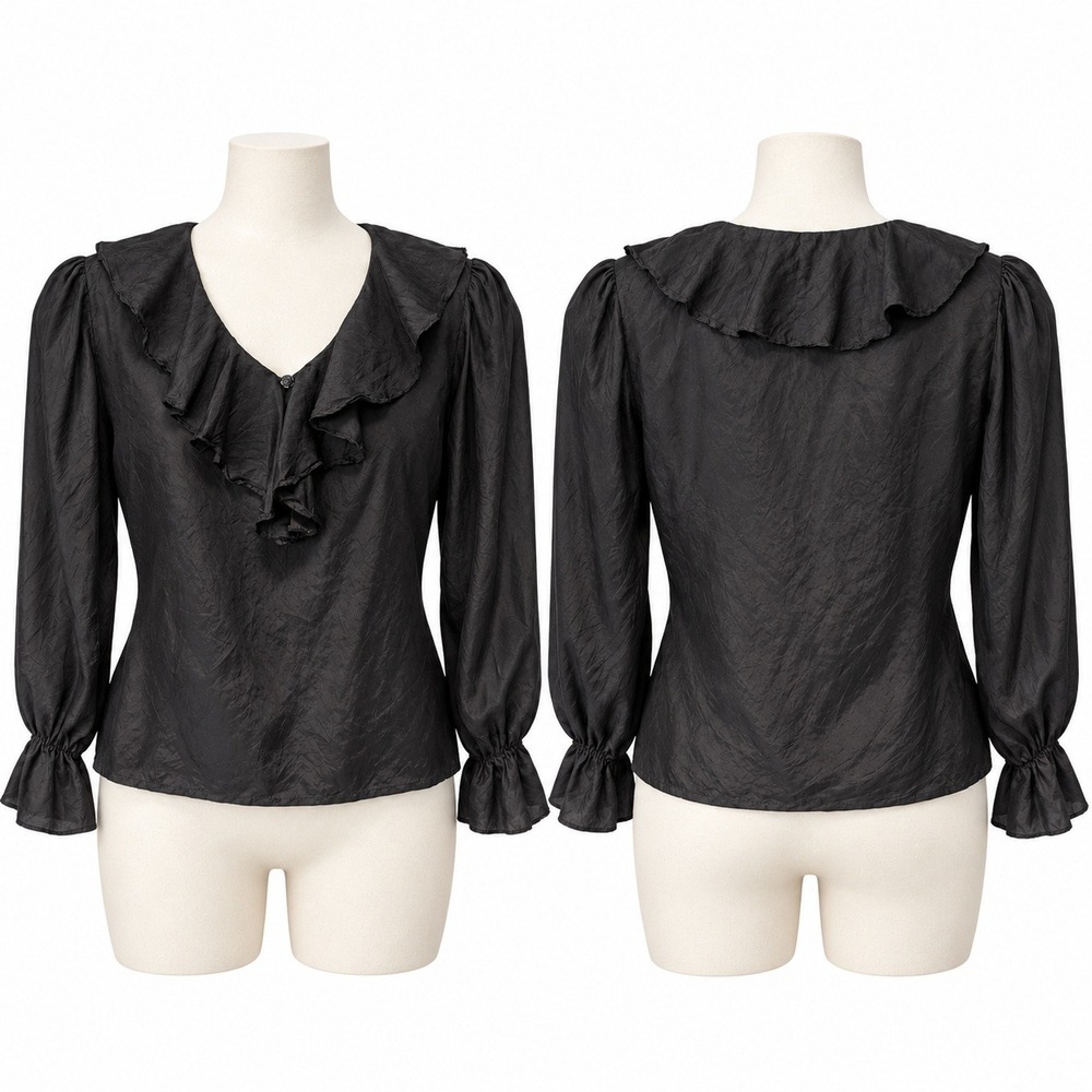 Express Silk Blouse Women L Black Ruffle V-Neck Vintage Crinkle Long Sleeve